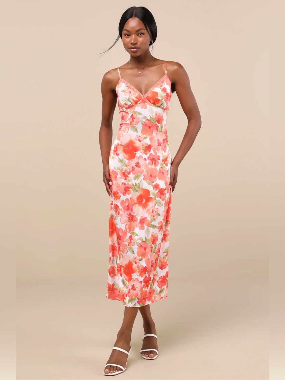 Lulus Mattie Orange Floral Satin Lace Midi Slip Dress - Size S